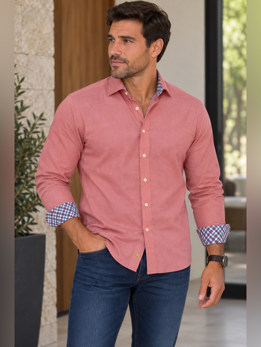 Tailorbyrd men's button-down shirt in light red